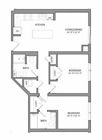 Floor plan for 2 beds, 2 baths, 840 sqft